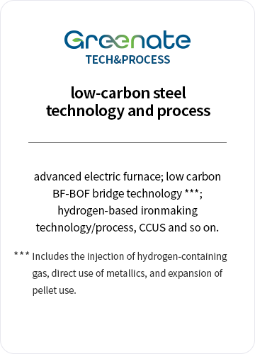 Greenate TECH&PROCESS / low-carbon steel technology and process. advanced electric furnace; low carbon BF-BOF bridge technology ***; hydrogen-based ironmaking technology/process, CCUS and so on. / *** Includes the injection of hydrogen-containing gas, direct use of metallics, and expansion of pellet use.
