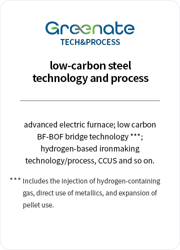 Greenate TECH&PROCESS / low-carbon steel technology and process. advanced electric furnace; low carbon BF-BOF bridge technology ***; hydrogen-based ironmaking technology/process, CCUS and so on. / *** Includes the injection of hydrogen-containing gas, direct use of metallics, and expansion of pellet use.