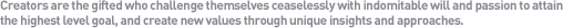 Creators are the gifted who challenge themselves ceaselessly with indomitable will and passion to attain the highest level goal, and create new values through unique insights and approaches.